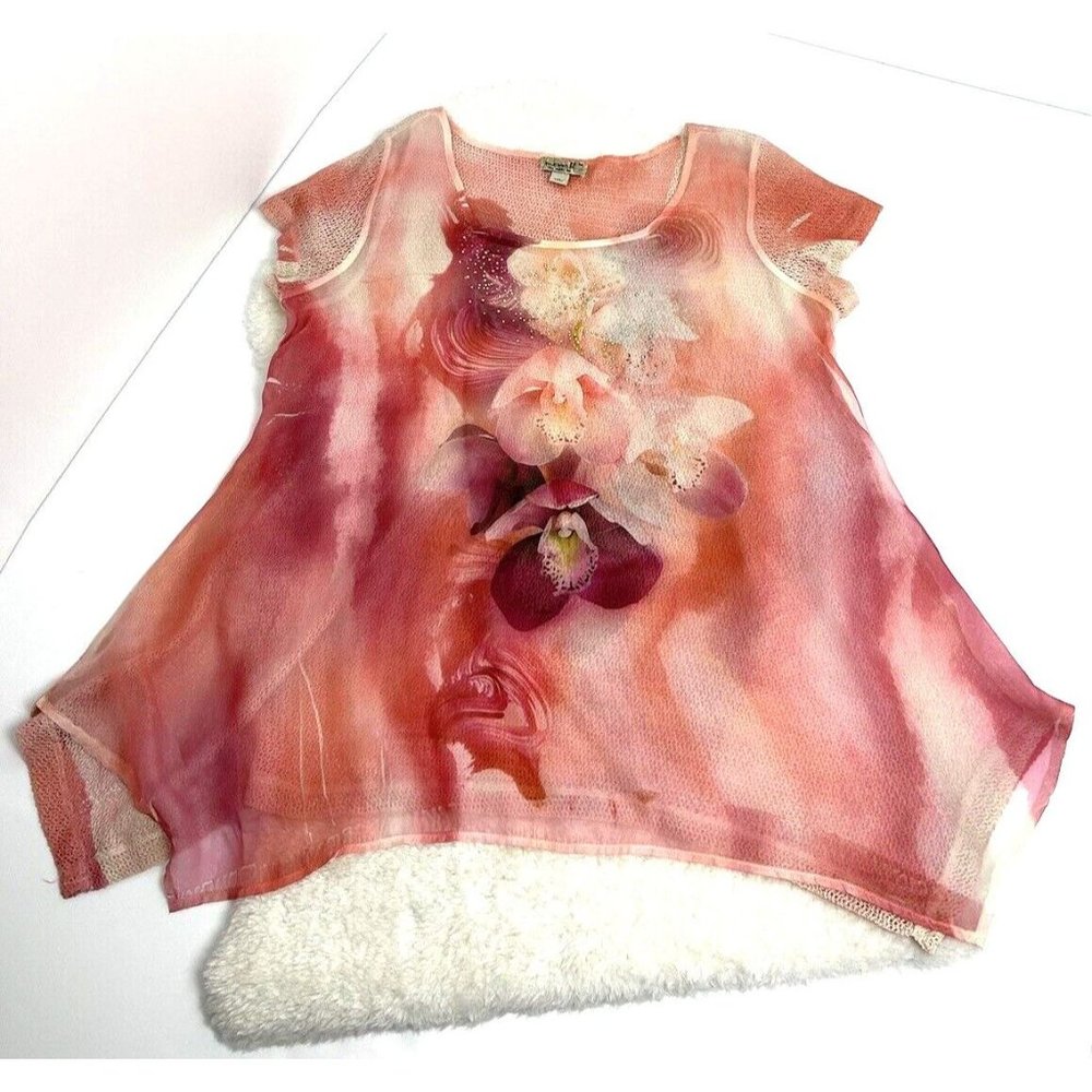 One World Womens Size Medium Sheer Floral‎ Short Sleeve Tunic Blouse Pink Cream